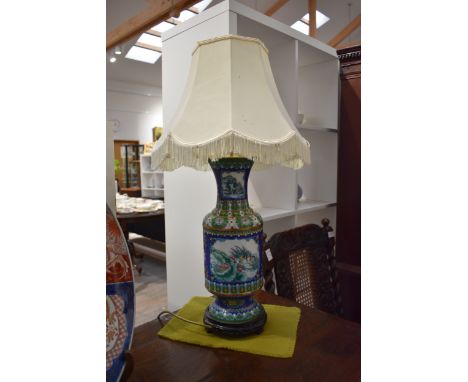 A 20th Century Cloisonné vase converted to a lamp base, the vase having two pictorial cartouches depicting Mountains, River, 