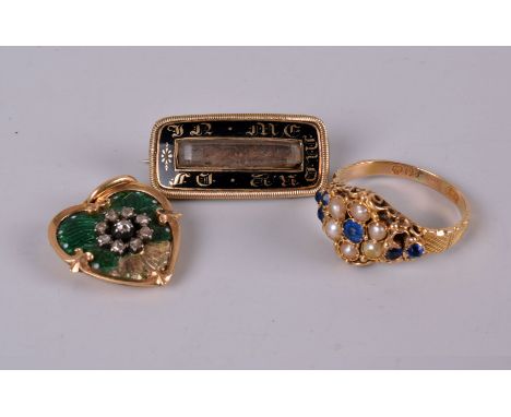 Three items of jewellery, including a Victorian 15ct gold pearl and gem set cluster ring, lacking a stone, a mourning brooch 