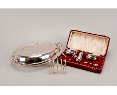 A 1960s silver cased cruet set, in red leatherette fitted box, together with a modern silver toast rack, two silver and one p