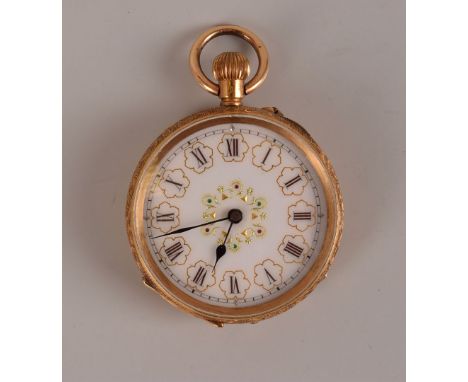 A continental 18ct gold cased lady’s open faced pocket watch, with pretty gilt and enamel dial, engraved outer cover marked 1