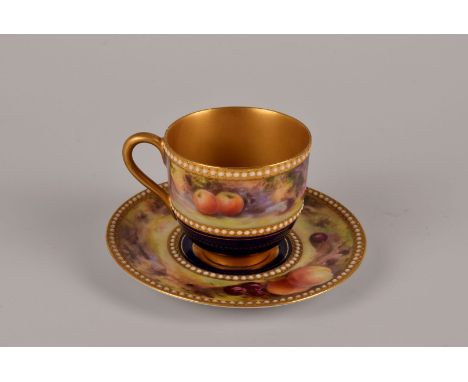 A Royal Worcester porcelain miniature cabinet coffee cup and saucer, painted by John Flexman, dated 1919, painted with contin
