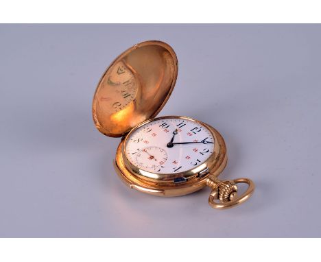 An early 20th century continental yellow metal repeater full hunter pocket watch, marked to the stem, opening to reveal an en