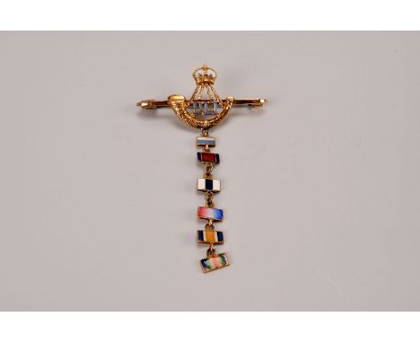 Of Durham Light Infantry interest, the 15ct gold and enamel military sweetheart brooch with regimental emblem and DLI, suppor