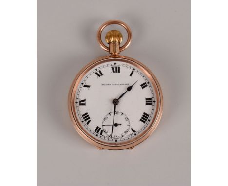 A 9ct gold open faced pocket watch, marked Record Dreadnought to enamel dial with Roman numerals, hallmarked to stem and rear