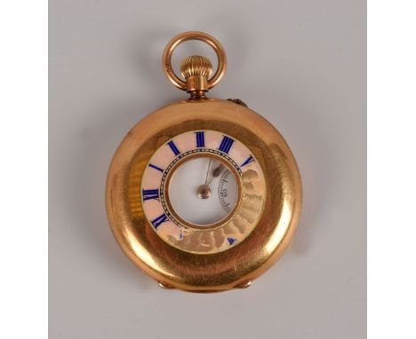 An Edwardian 18ct gold half hunter lady’s pocket watch, having pink enamel outer dial, damaged, opening to reveal white ename