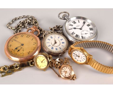 A group of nine watches and a pocket barometer, including a contintental silver lady’s fob on necklace, a white metal lady’s 