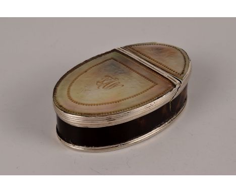 A tortoiseshell and MOP snuff box, monogrammed to the lid FAW, and with white metal mounts 7cm L
