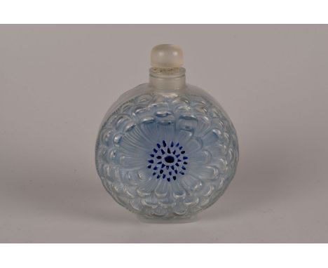 A small Lalique Dahlia pattern scent flask, the frosted glass picked out with translucent blue enamel, complete with original