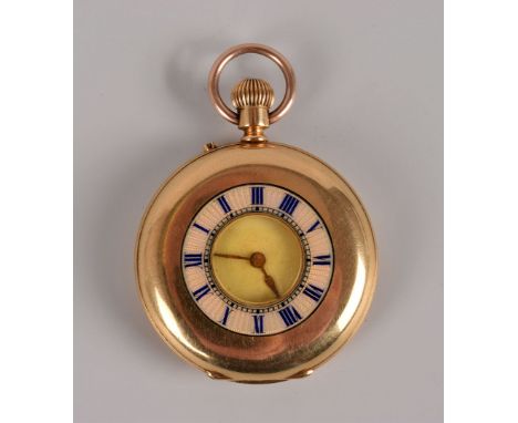 An early 20th century continental gold half hunter lady’s fob watch, having pink and blue outer dial, case marked 18k, with 9