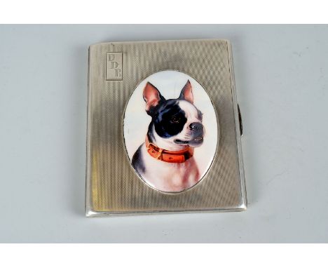 A George VI silver cigarette case, Birmingham 1948, with later enamel French bulldog plaque 10cm x 8cm 5.5ozt.