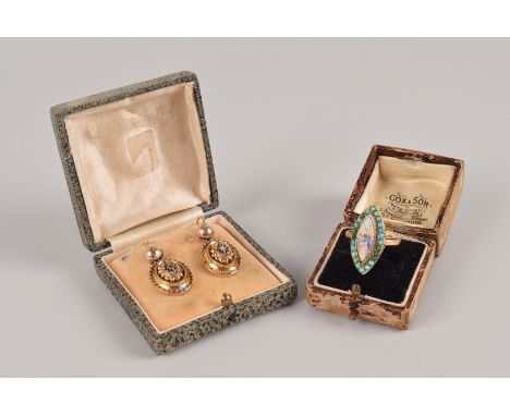 Two antique items of jewellery, including a pretty gold navette shaped ring with enamel panel surrounded by turquoise beads, 