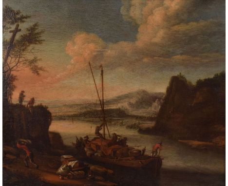 J. Maasins (German, 18th century), oil on oak panel coastal landscape ‘Landing Supplies’ in a Scandinavian fjord c.1790, sign