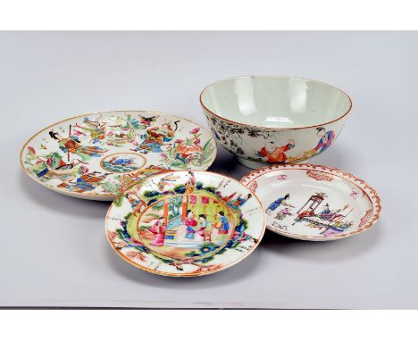 A collection of 19th century and later Chinese porcelain, comprising a famille rose bowl decorated with figures, a large dish