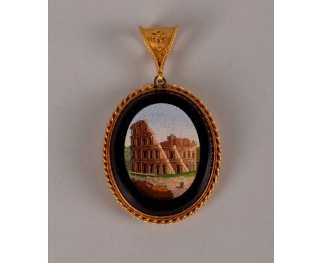 A fine Italian Edwardian period gold and micro mosaic pendant, the oval mount with rope twist and filigree work bale supporti