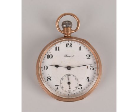 A George V 9ct gold Record open faced pocket watch, white enamel dial with subsiduary, three quarter movement, appears to run