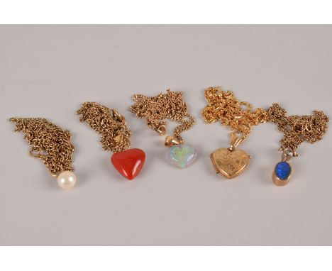 A group of five pendants on chains, including an opal and diamond example, a red enamel heart, a pearl, a heart shaped opal a
