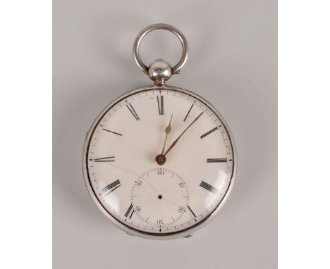 A William IV period silver open faced pocket watch by J. Nelson, white enamel dial, cracked, second hand loose, in plain silv