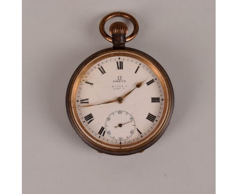 An early 20th century Omega gun metal pocket watch, white enamel dial with Roman numerals and subsiduary, numbered to movemen