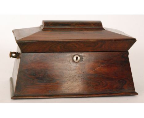 A 19th Century rosewood sarcophagus shaped tea caddy, the interior fitted with three separate monogrammed mother of pearl can