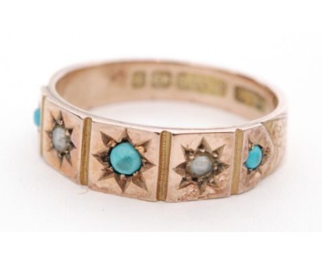 A 9ct rose gold turquoise and seed pearl five stone ring, gypsy set stones to square panels, ring size N, Birmingham 1897.