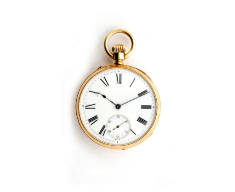 An 18ct open faced pocket watch, plain white enamel dial with Roman numerals and subsidiary second dial, dial diameter 39mm, 