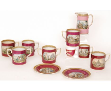 Seven assorted 19th Century Staffordshire Prattware mugs of varying form and two plates each decorated with a transfer applie