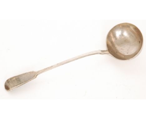 A Victorian hallmarked silver fiddle pattern ladle, weight 8.6oz, length 33cm, London 1855, Chawner & Co (George William Adam