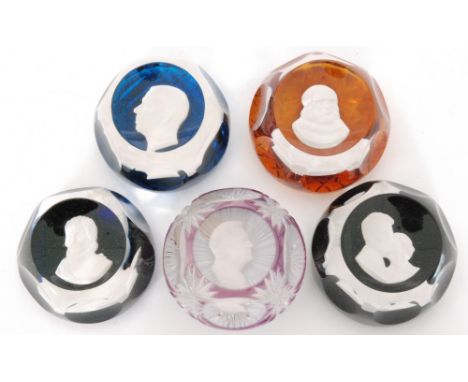 A group of five 20th Century Cristal d'Albret glass paperweights each with a central sulphide portrait, comprising Christophe