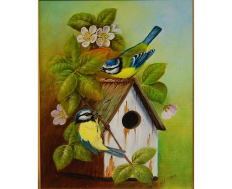 JOHN F. SMITH (B.1934) - Blue tits by their nest box, oil on board, signed, 26cm x 20cm also two others by the same hand (3)J