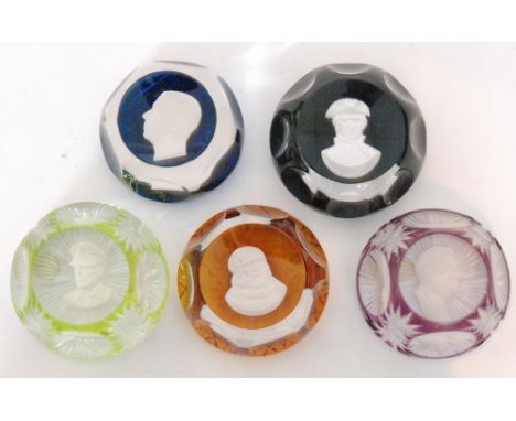 A group of five 20th Century Cristal d'Albret glass paperweights each with a central sulphide portrait, comprising Gustaf VI 