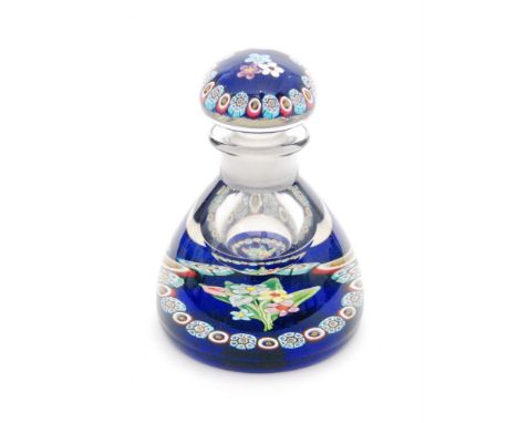 A 20th Century Paul Ysart glass paperweight inkwell with a central five flower bouquet surrounded by an alternating ring of m