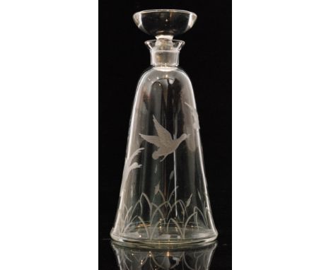 A post war clear crystal glass decanter, possibly Scandinavian, of tapered form below a demi-lune stopper engraved with three