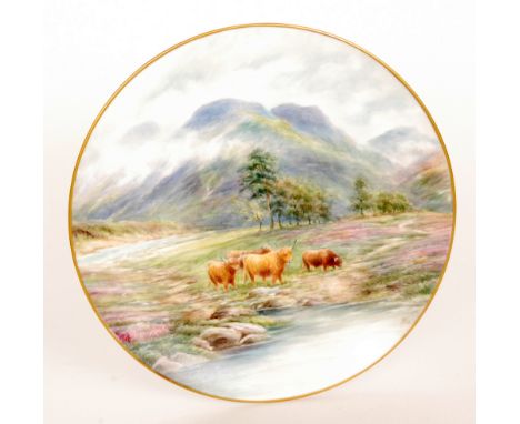 A Selective Editions Ltd cabinet plate decorated by former Royal Worcester artist Raymond Poole with hand painted Highland ca