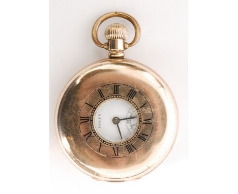 A gold plated Rolex half hunter pocket watch, white enamel dial with Roman numerals and subsidiary seconds dial, 15 jewel Rol