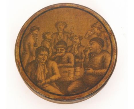 An early 19th Century French papier mache circular snuff box, the pull off cover decorated with a scene of gentleman seated a