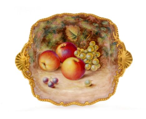 A Royal Worcester Fallen Fruits twin handled square dish decorated by H. Ayrton with hand painted apples and white and black 