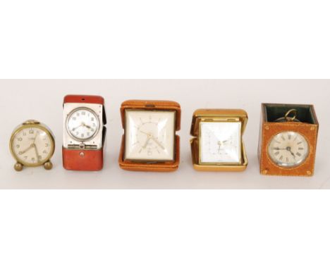 An early 20th Century American folding travelling clock in red folding case together with another similar from the Ansonia Cl