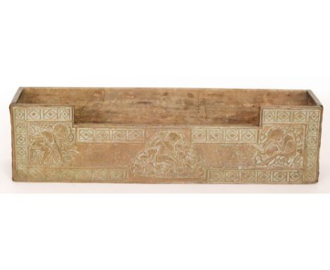 An Arts and Craft rectangular oak planter decorated with embossed brass detailed with children within a geometric border to f