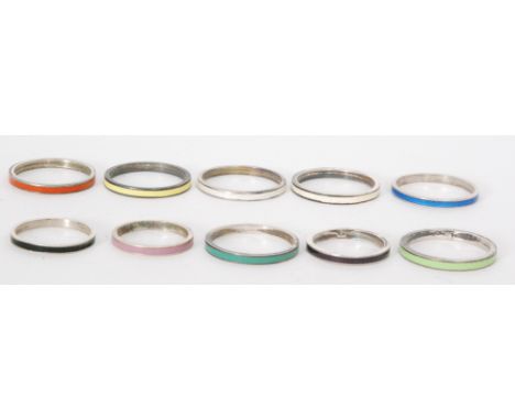 Ten assorted rings each with a different coloured enamel decoration, various sizes all from the studio of Bernard Instone, un
