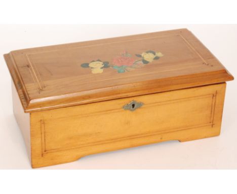 A late 19th to early 20th Century Swiss cylinder music box, playing four airs, complete with tune sheet, some later repairs, 