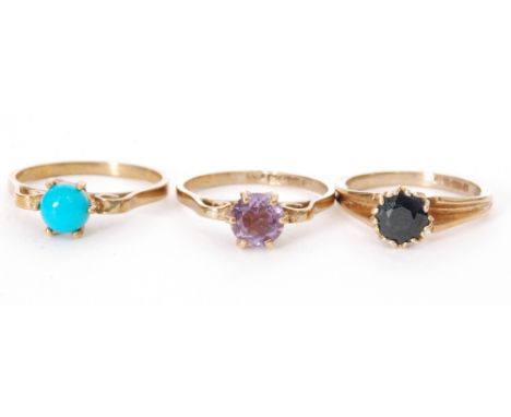 Three 9ct hallmarked single stone rings, amethyst, sapphire and turquoise examples, all stones claw set, various sizes, Berna