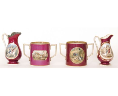 Two large 19th Century Staffordshire Prattware loving cups decorated with rural scenes against a crimson ground together with