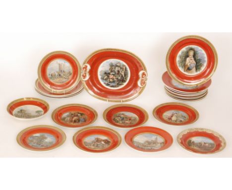 Twenty one assorted 19th Century Staffordshire Prattware plates each decorated with a transfer applied scene against a red gr