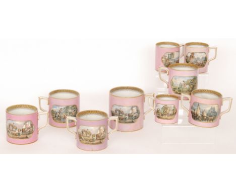 Nine assorted 19th Century Staffordshire Prattware mugs of varying form and eight similar plates each decorated with a transf