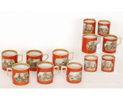 Twelve assorted 19th Century Staffordshire Prattware mugs of varying form each decorated with a transfer applied rural scene 