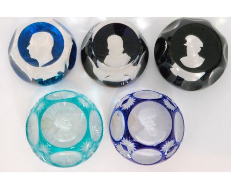 A group of five 20th Century Cristal d'Albret glass paperweights each with a central sulphide portrait, comprising Albert Sch