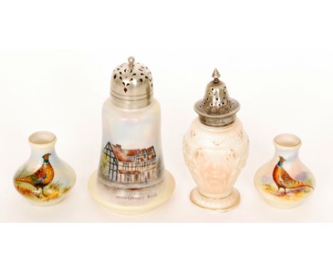 A pair of late 19th Century Locke & Co, Shrub Hill Worcester miniature bud vases decorated with hand painted pheasants, one s