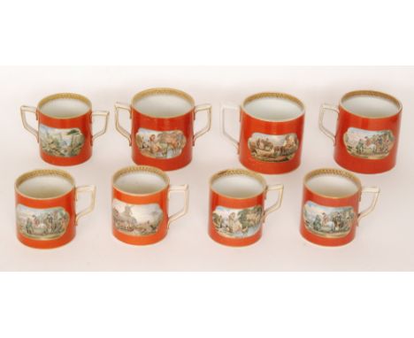 Eight assorted 19th Century Staffordshire Prattware mugs of varying form, each decorated with a transfer applied scene agains