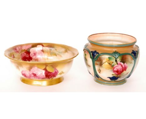 A Royal Worcester footed bowl decorated with hand painted pink and crimson roses, puce mark with date code for 1918, diameter