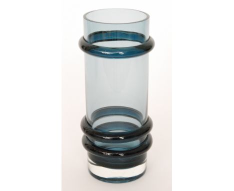 A post war Caithness glass vase designed by Domhnall O'Broin, of sleeve form with three applied Peat rings to the pale blue b